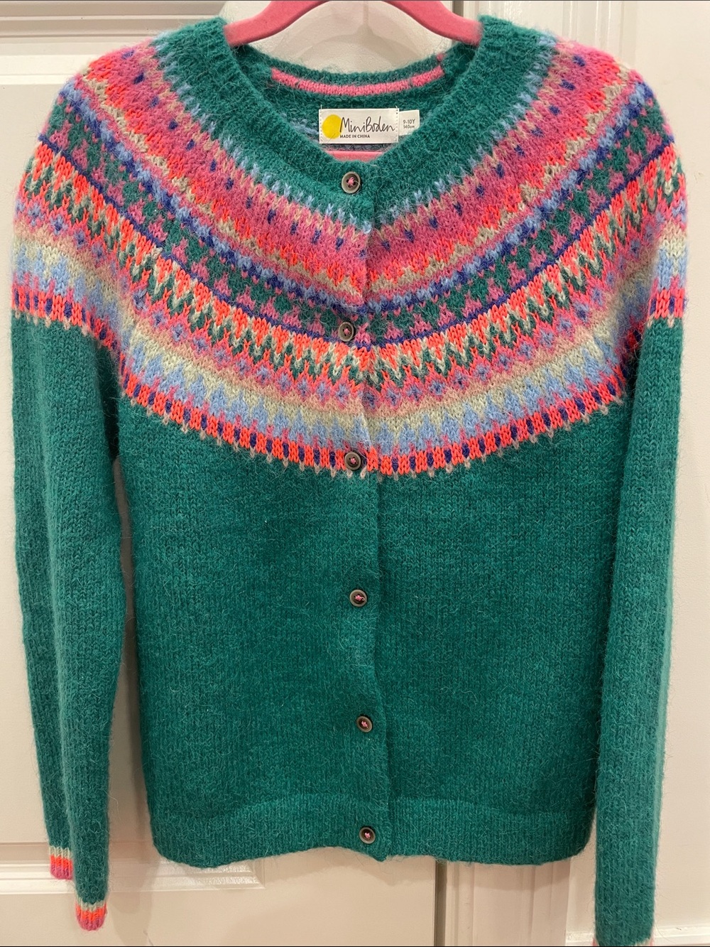Mini Boden Green Fair Isle Mohair-Blend Cardigan size 9-10Y